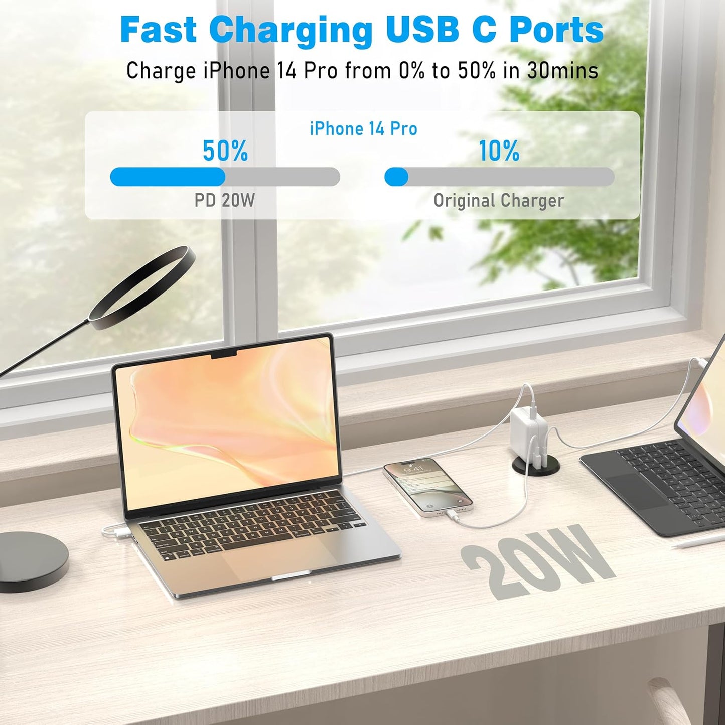 2 inch Desk Power Grommet Outlet, Flat Plug Recessed Outlet with 20W USB-C Fast Charging, for Conference Rooms, Office Tables, Furniture, 6FT Cord(ETL Listed)