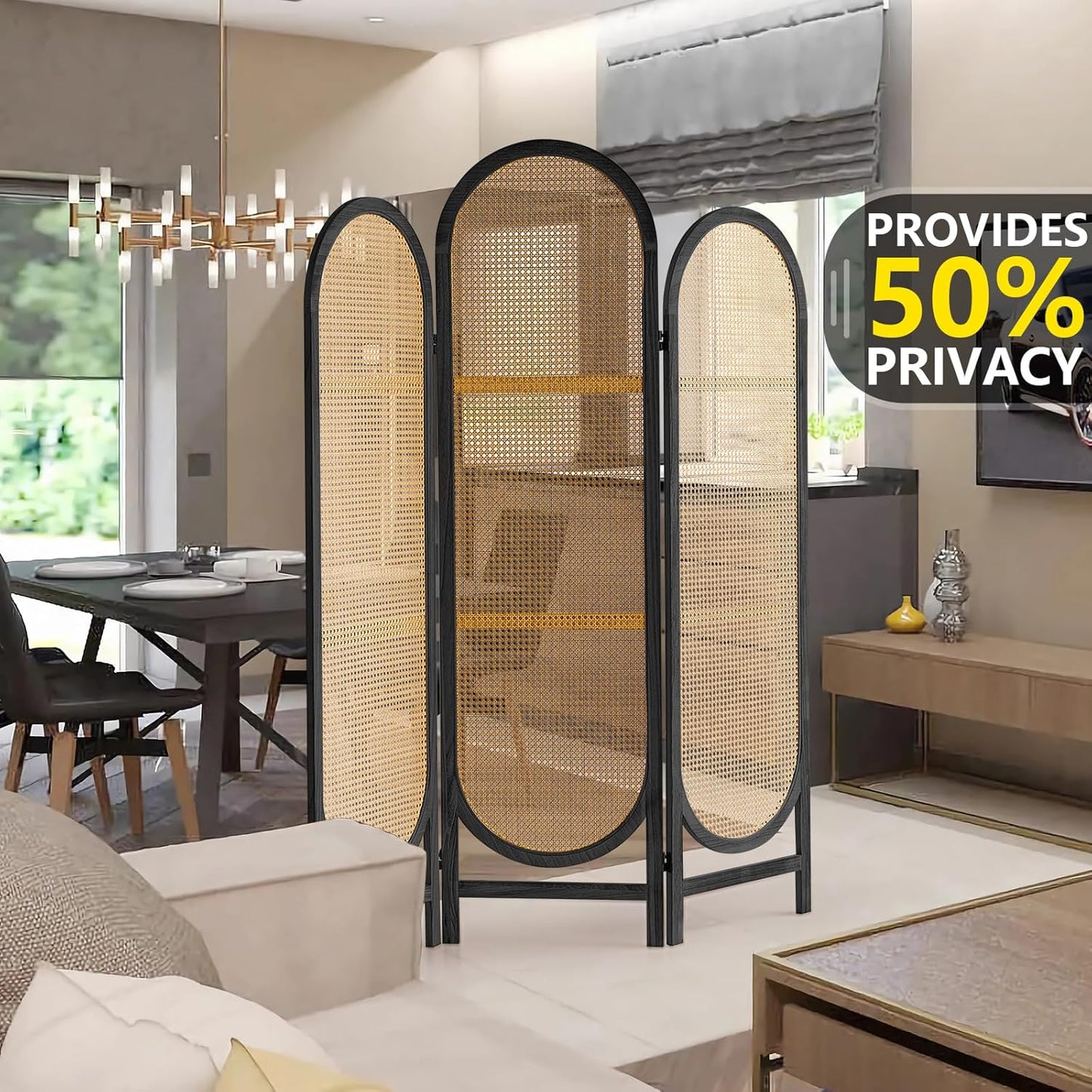 Hand-Woven Rattan Room Divider 3 Panels, 5.9 Ft Tall Wood Room Divider Panel, Partition Screen Divider Wall, Folding Privacy Screen, Wall Divider for Room Separation Home Office - Black