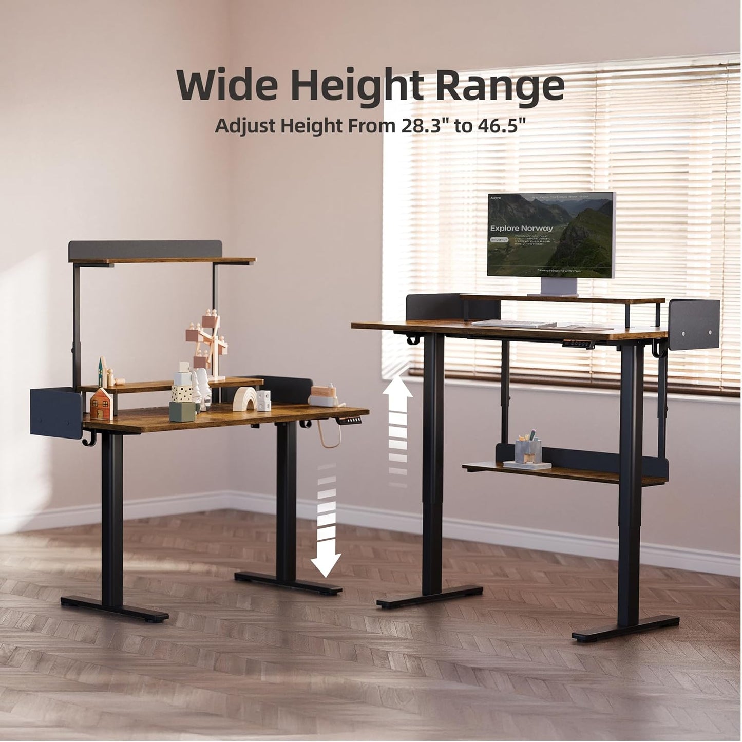 Claiks Electric Standing Desk with Removable Shelves, 55 x 24 Inches Height Adjustable Desk, Stand Up Monitor Stand Desk for Computer Workstation, Rustic Brown