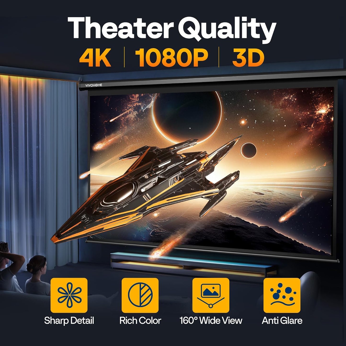 VIVOHOME Motorized Projector Screen with Remote, 16:9 84 Inch Auto Electric Projection Screen, HD 4K Movie Screen for Home Theater, Cinema, Office (73 x 41 Black)