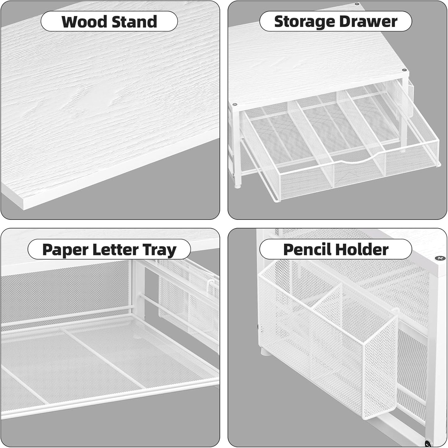 Marbrasse Wood Printer Stand for Desk, 2-Tier Desktop Printer Table for Home Office, Printer Stand with Storage Drawer 2 Pen Holders, Multi-Purpose Desk Organizer for Fax Machine Scanner(Wood White)