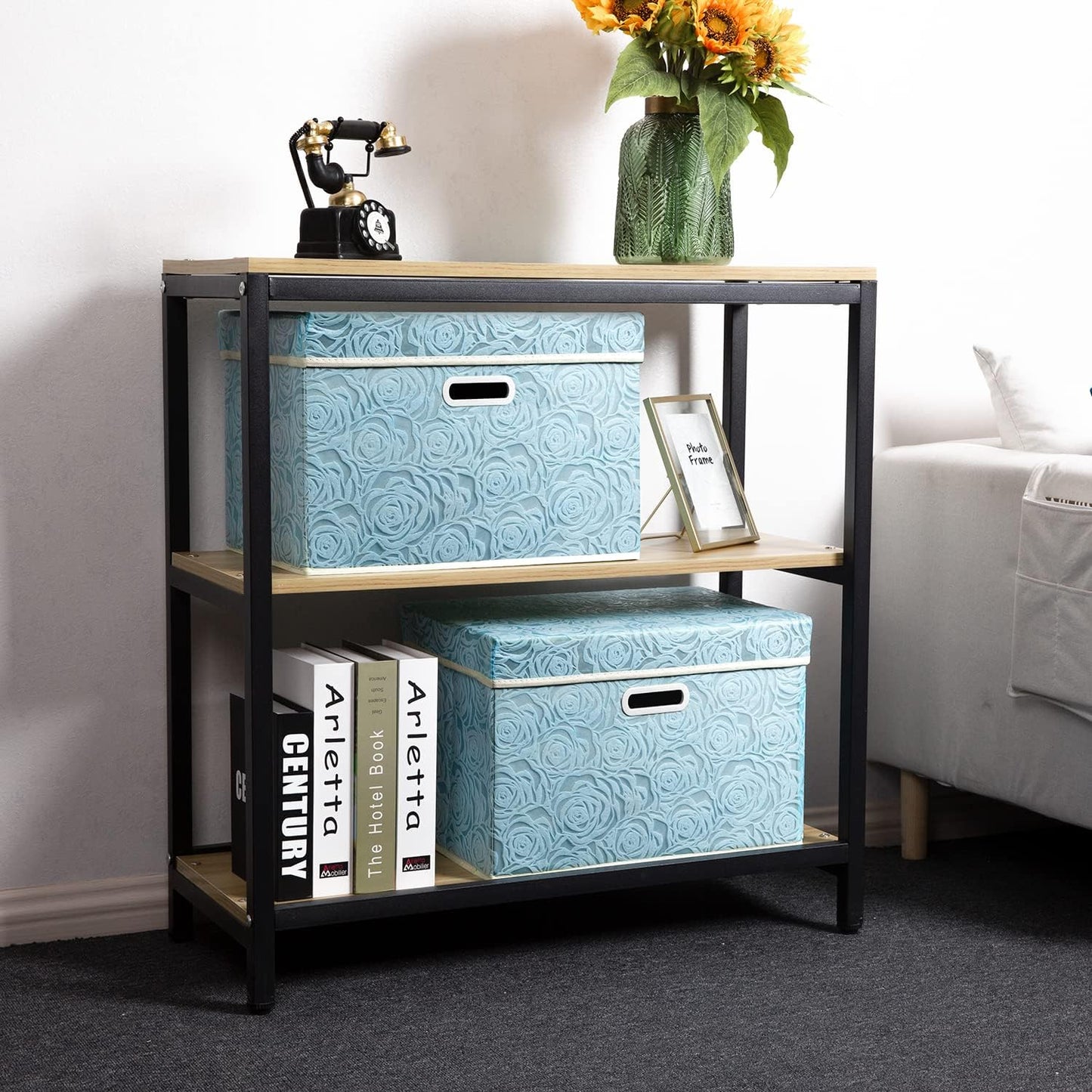 PRANDOM Large Collapsible Storage Boxes with Lids [5-Pack] Fabric Decorative Storage Bins Cubes Organizer Containers Baskets with Cover Handles for Bedroom Closet Nursery Blue 17.5x11.8x11.8 Inch