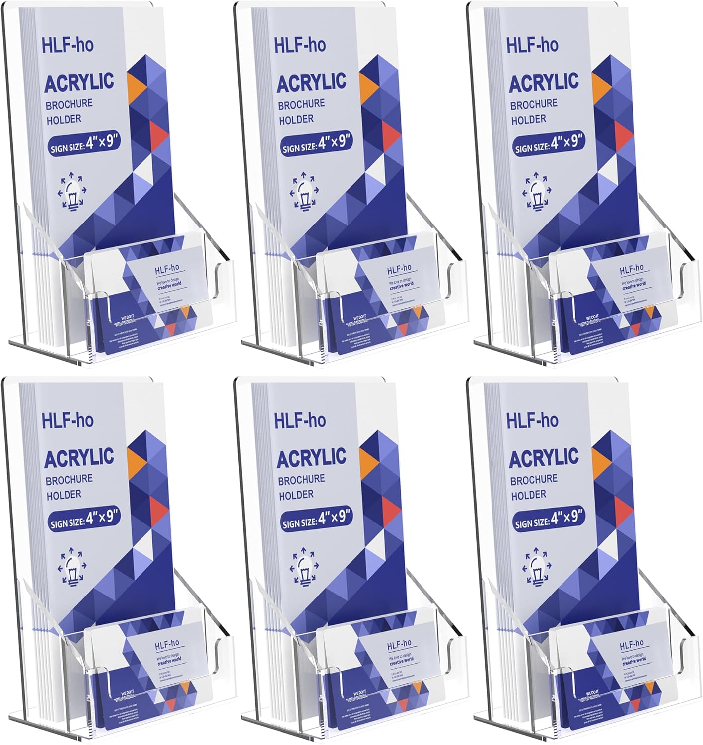 Brochure Holder 4x9 Inch Acrylic Literature Holders Clear Flyer Display Stand with Removable Business Card Slot Pamphlet Holder Organizer for Office, Lobby, Hotels, Trade Shows, 6 Pack
