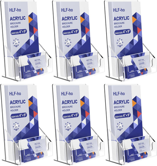 Brochure Holder 4x9 Inch Acrylic Literature Holders Clear Flyer Display Stand with Removable Business Card Slot Pamphlet Holder Organizer for Office, Lobby, Hotels, Trade Shows, 6 Pack