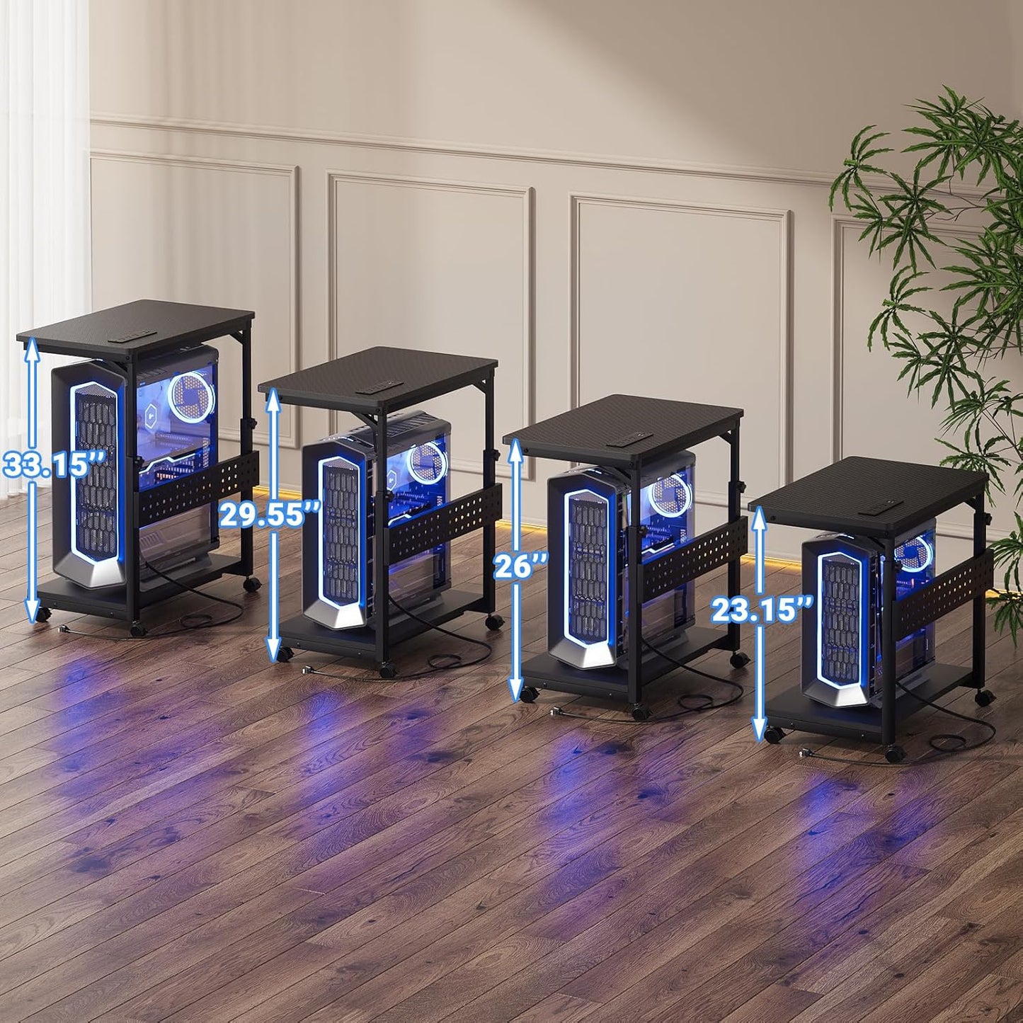 Computer Tower Stand with Power Strips, 4 Levels Manual Height Adjustable PC Tower Stand for Under Desk, Mobile Rolling CPU Holder, Computer Cart with Wheels, 24", Carbon Fiber Black