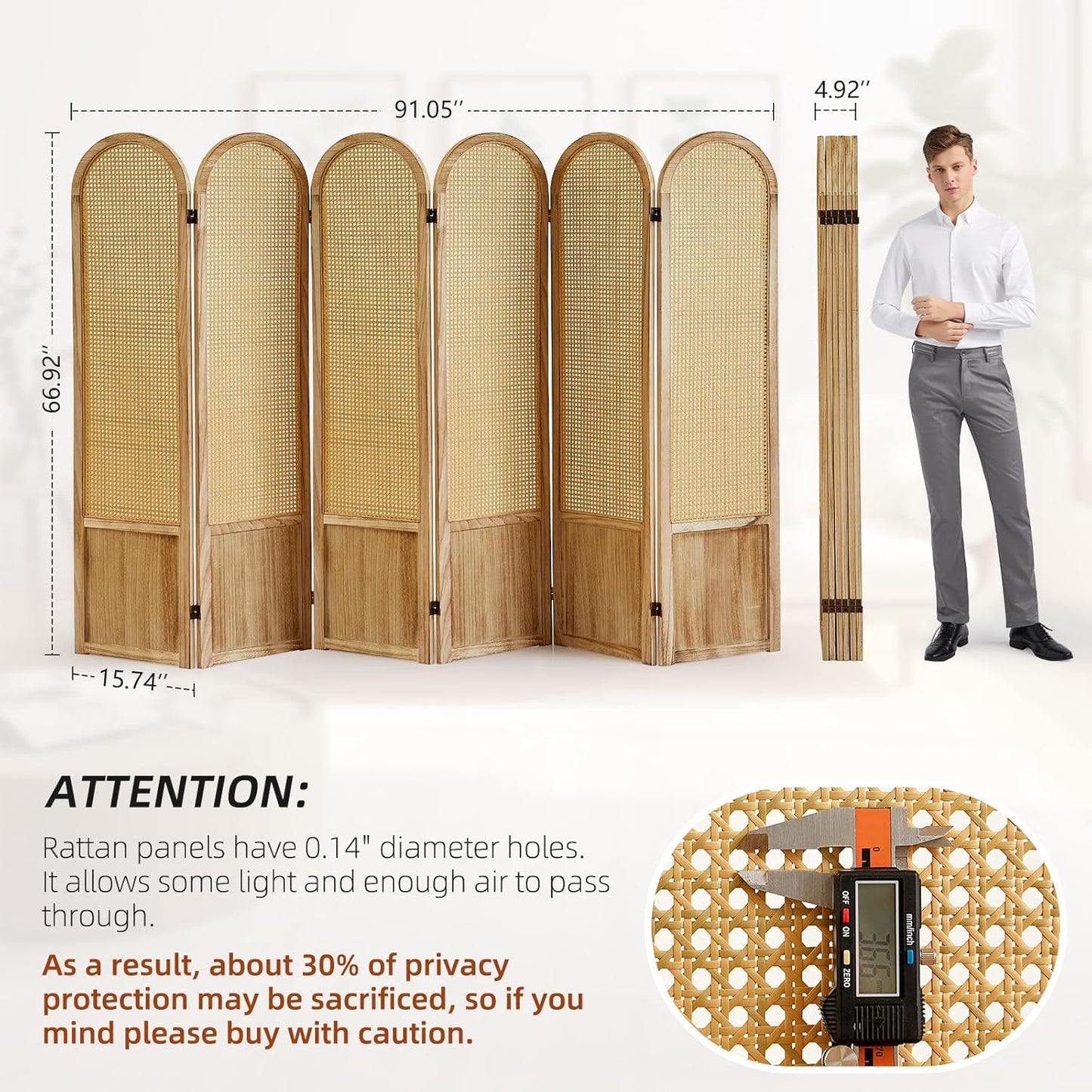 6 Panel Room Divider and Folding Privacy Screen, 5.6 Ft Foldable Double Hinged Rattan Partition, Hand-Woven Rattan Room Divider Portable Wood Freestanding Wall Divider for Room Separation - Natural