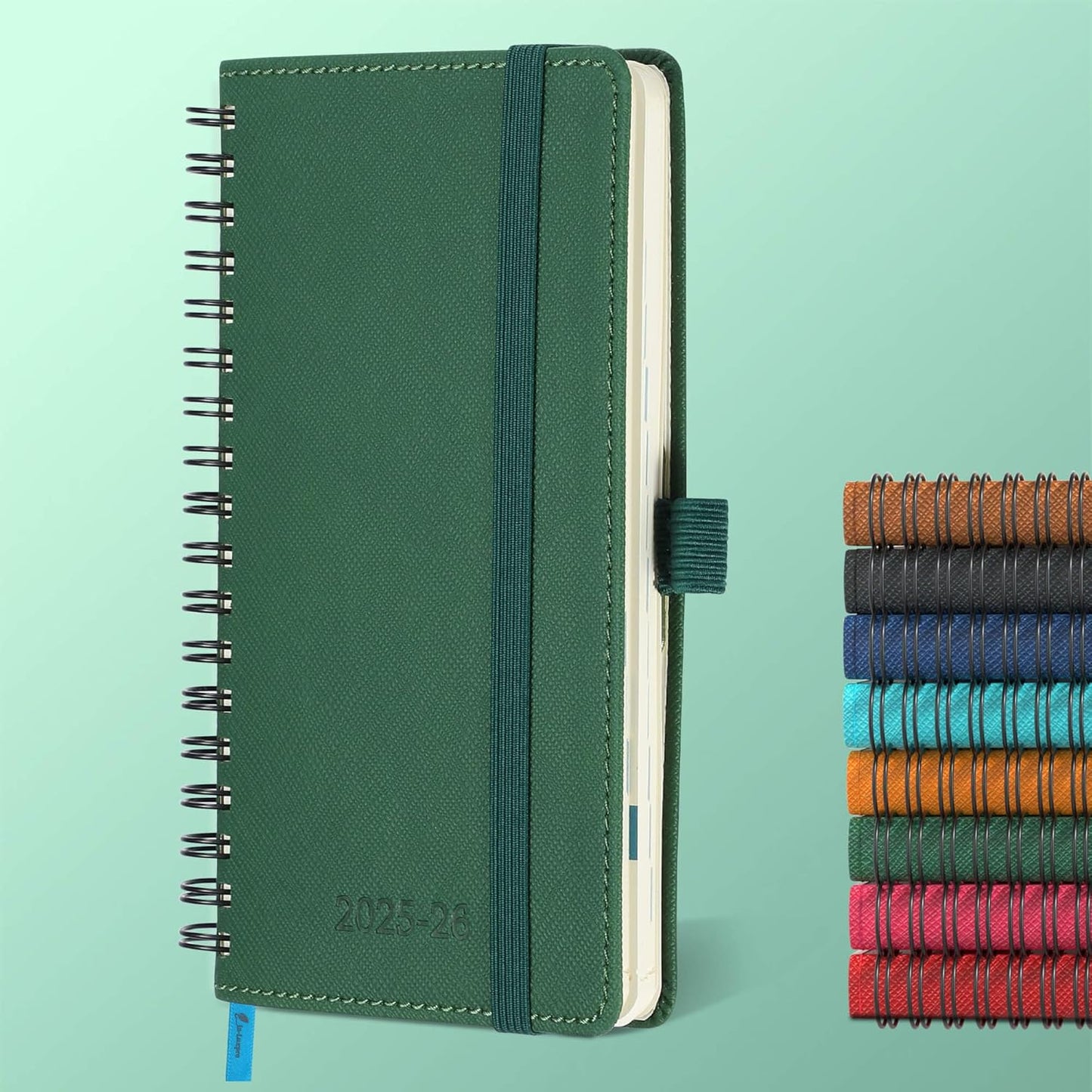 Planner 2025-2026 Daily Weekly and Monthly,6.5"x3.75",18 Months Spiral Bound Calendar Agenda with Self-adhesive Pen Holder,2026 Academic Plan with Vegan Leather Soft Cover,Green