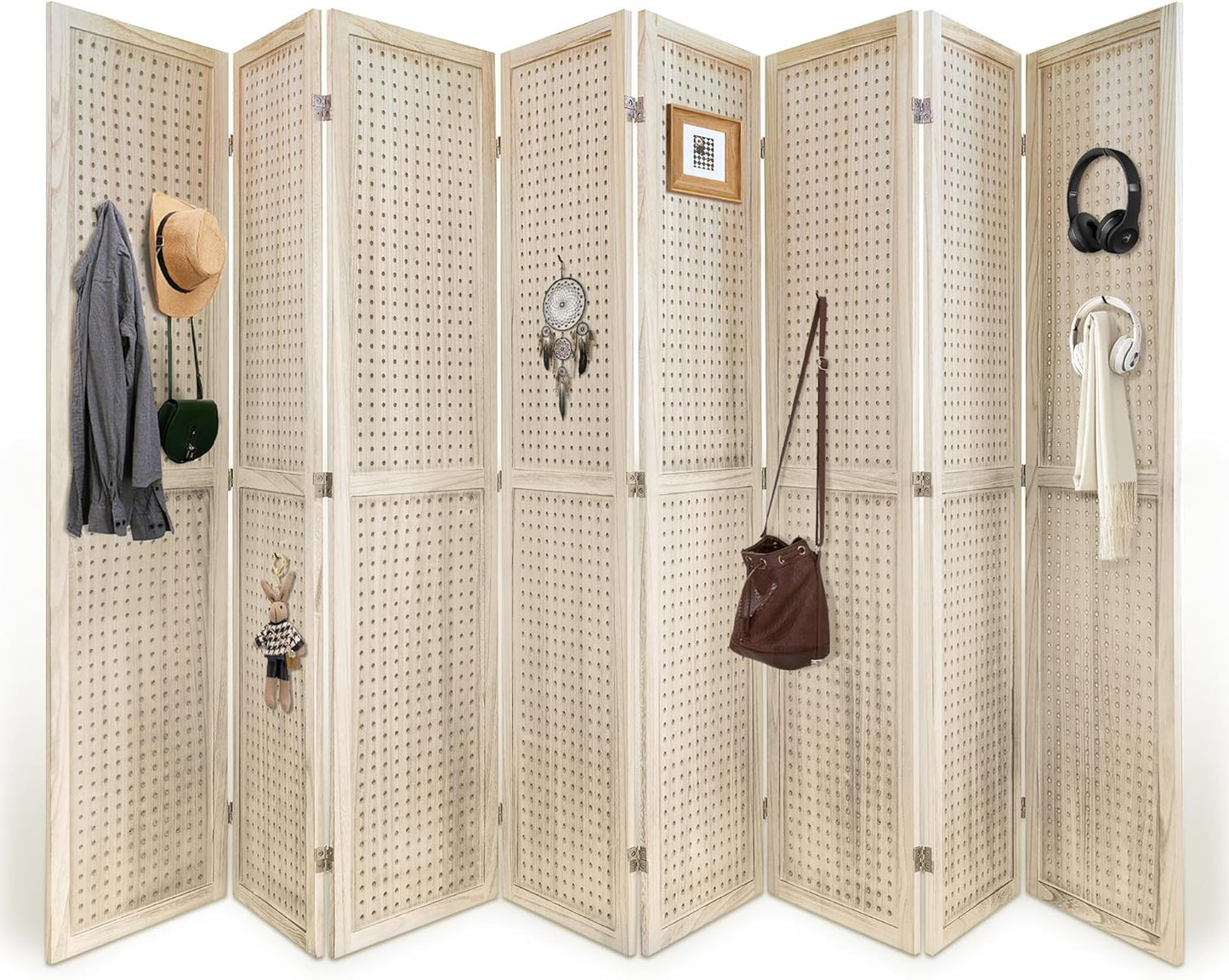 Room Divider, 5.6FT Folding Room Divider Panel, 8 Panel Pegboard Display Wood Partition Wall Divider for Room Separation& Craft Shows, Natural Wood