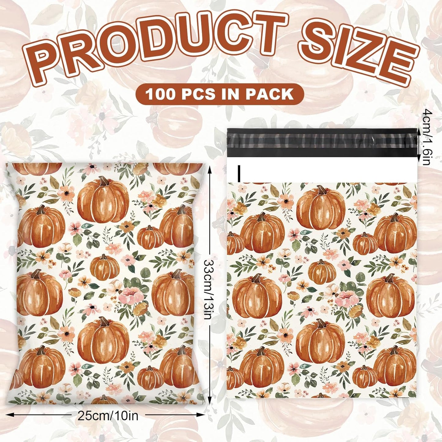 100Pcs Fall Poly Mailers 10 x 13 Inch Watercolor Floral Pumpkin Packagaing Bags Autumn Self Seal Mailing Envelope Bags for Harvest Thanksgiving Small Business Clothing