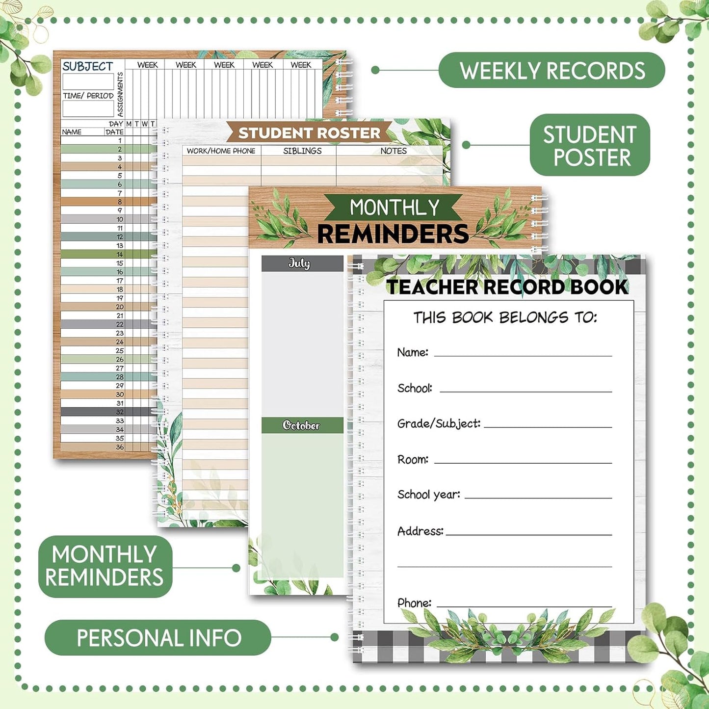 Teacher Record Book Teacher Grade Books 2025-2026 Spiral Bound Record Class Grade Book Office Favors Gift for Classroom Attendance Supplies Decoration Double Sided(Boho Plant)