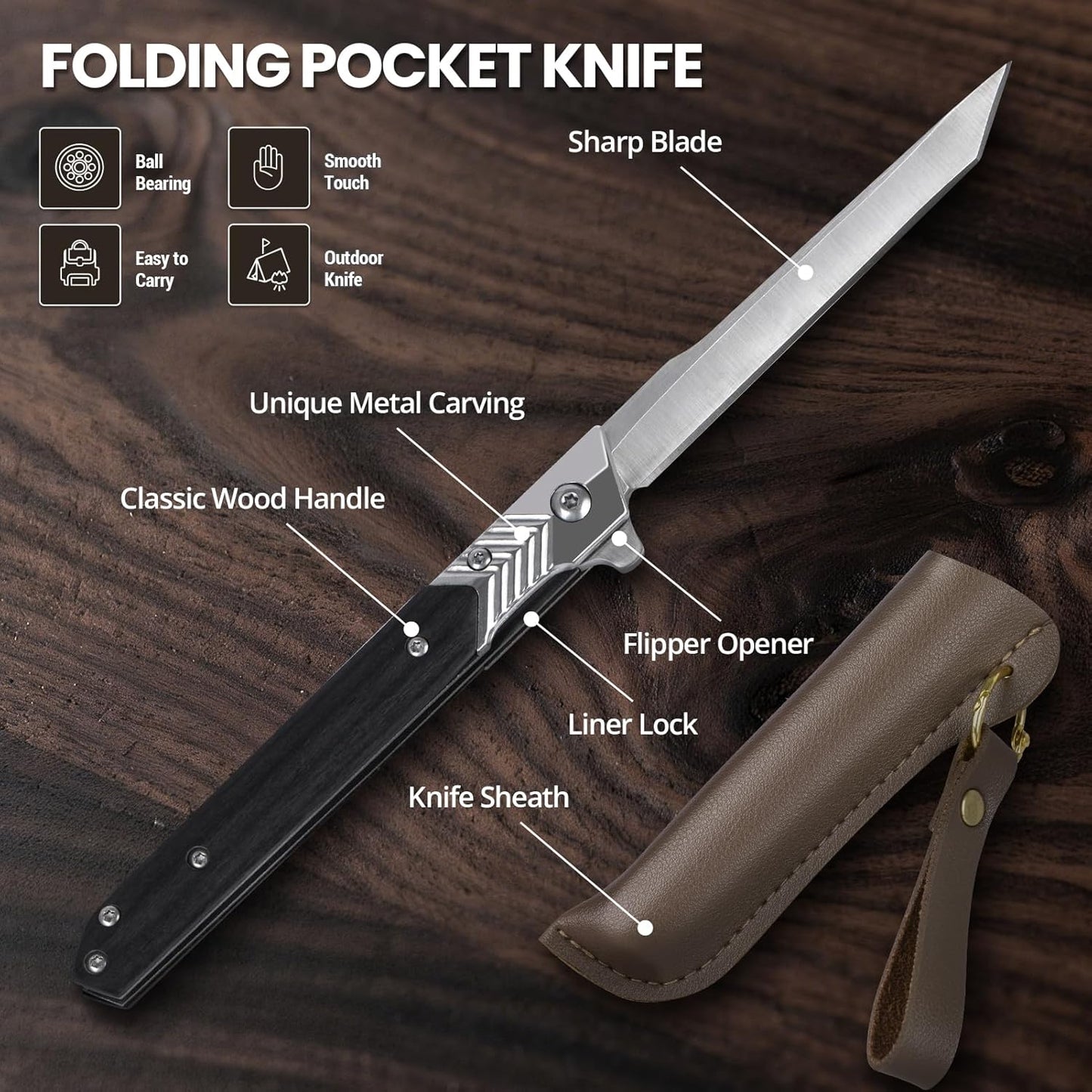 EDC Pocket Knife for Men, Slim Folding Knives with 3.74 inches Tanto Blade, Outdoor Hiking Knife Gifts for Men