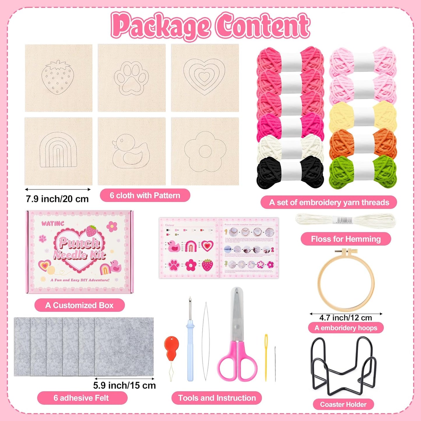 WATINC Punch Needle Coaster Kits - 23Pcs Easy Art Work Decor Craft Supply for Beginners, DIY Set of 6 Unique Pattern Tufted Pads with Adhesive Felt Yarns Tools Instruction Customized Boxes (Pink)