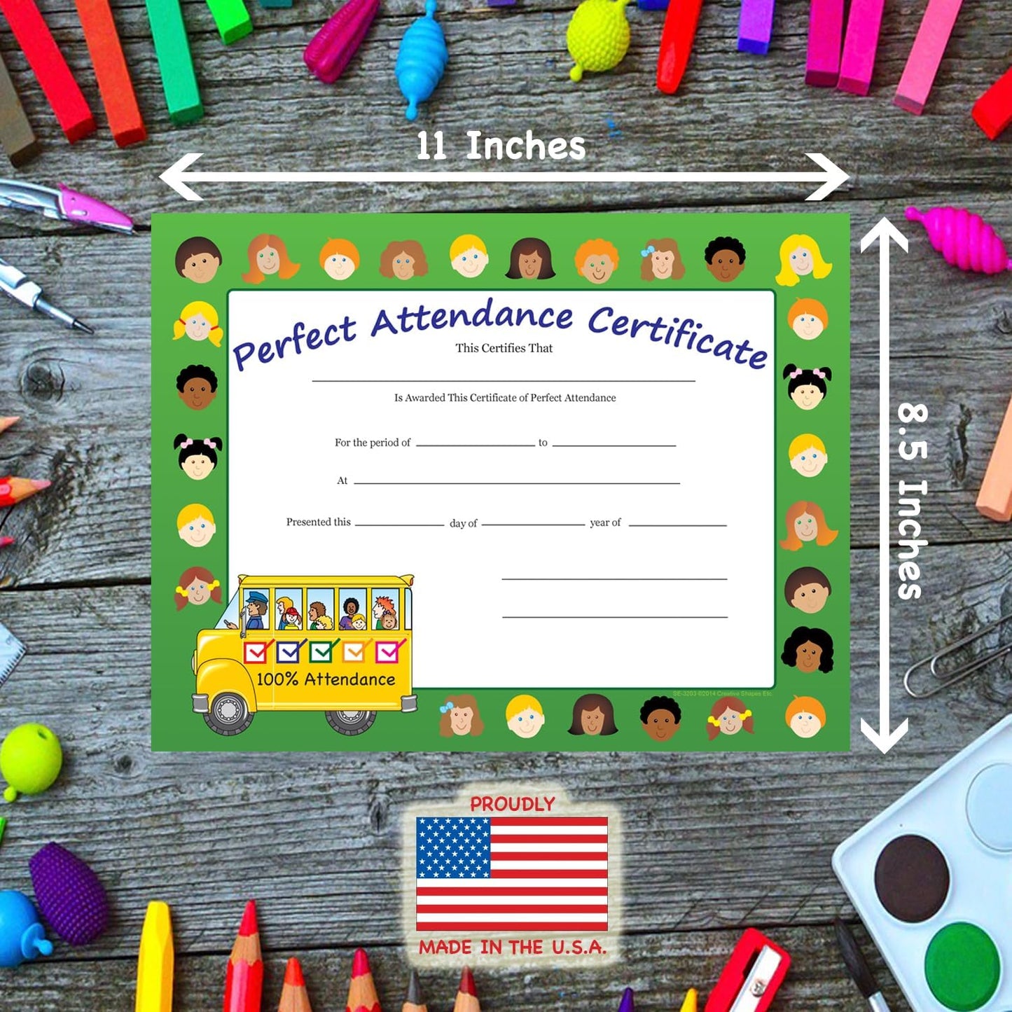 SHAPES ETC. 30pcs Perfect Attendance Recognition Certificates 11inx8.5in Colorful Award Kids Student Graduations Moving Up Ceremonies Achievement Days Banquets Academic Competitions USA Made