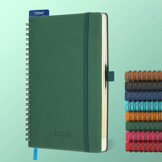 Planner 2025-2026 Daily Weekly and Monthly,8.5"x6.5",18 Months Spiral Bound Calendar Agenda with Self-adhesive Pen Holder,2026 Academic Plan with Vegan Leather Soft Cover,Green