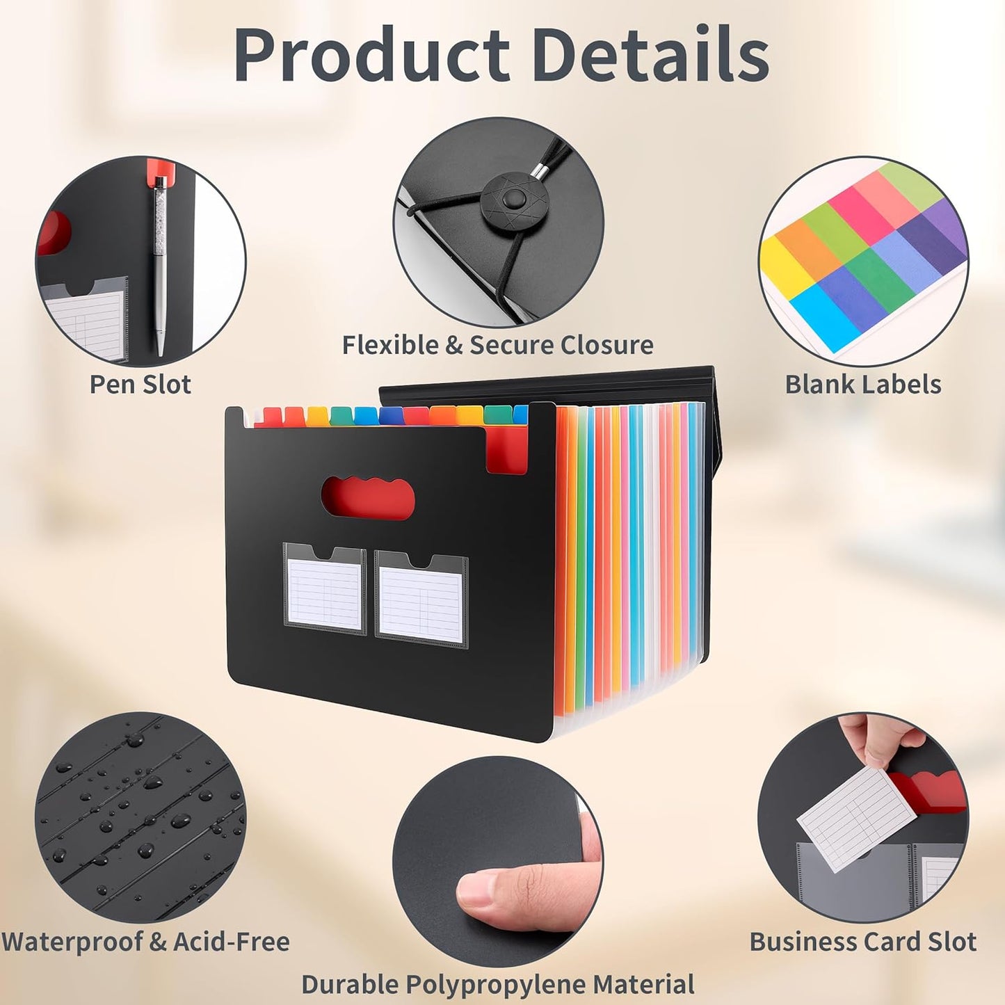 Accordion File Organizer, 2 Pack Secure Closure Expanding File Folder with 25 Pockets, Blank Labels and Colorful Inner Page, Large Waterproof Quick Access Folder Organizer for A4/Letter Size, Black