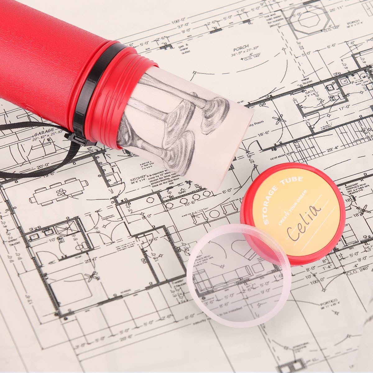 TRANSON Durable Poster Storage Tube with Straps 24"-40" Extendable for Blueprints, Artwork, Maps, Posters Color Red