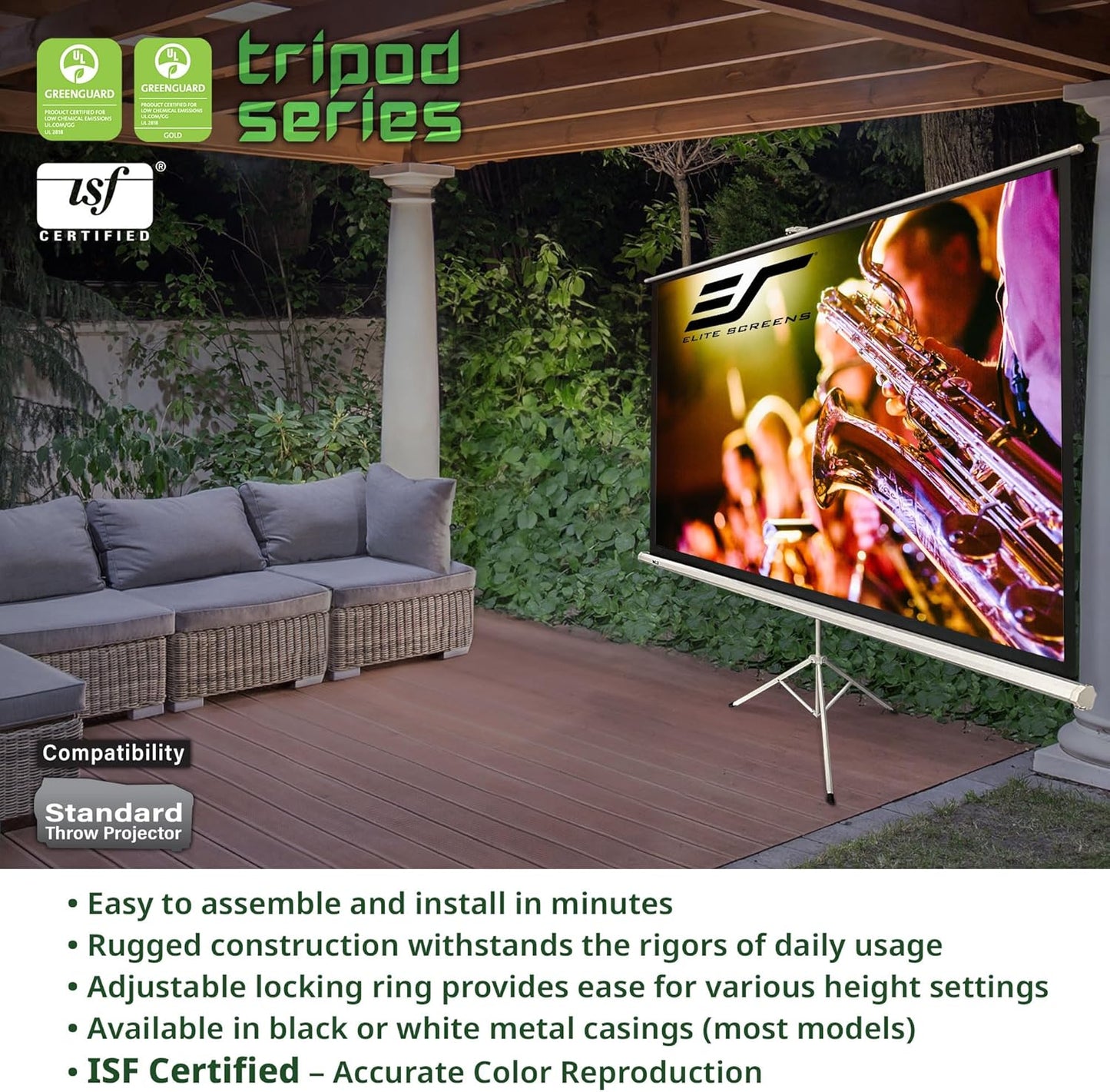 Elite Screens Tripod, 60-Inch 16:9 Portable Projector Screen with Stand– MaxWhite 2, 1.1 Gain, Adjustable Indoor Outdoor Pull Up Projection Screen for Home Theater, Office & Classroom, T60UWH, Black