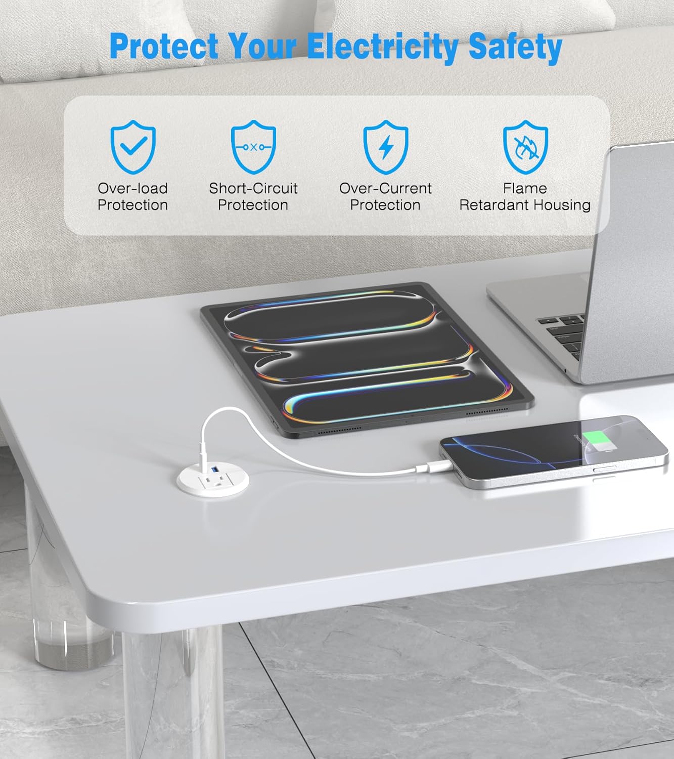 2 inch Desk Power Grommet Outlet, Recessed Power Outlet with 20W USB-C Fast Charging, for Conference Rooms, Office Tables, Furniture, 6FT Cord(ETL Listed)