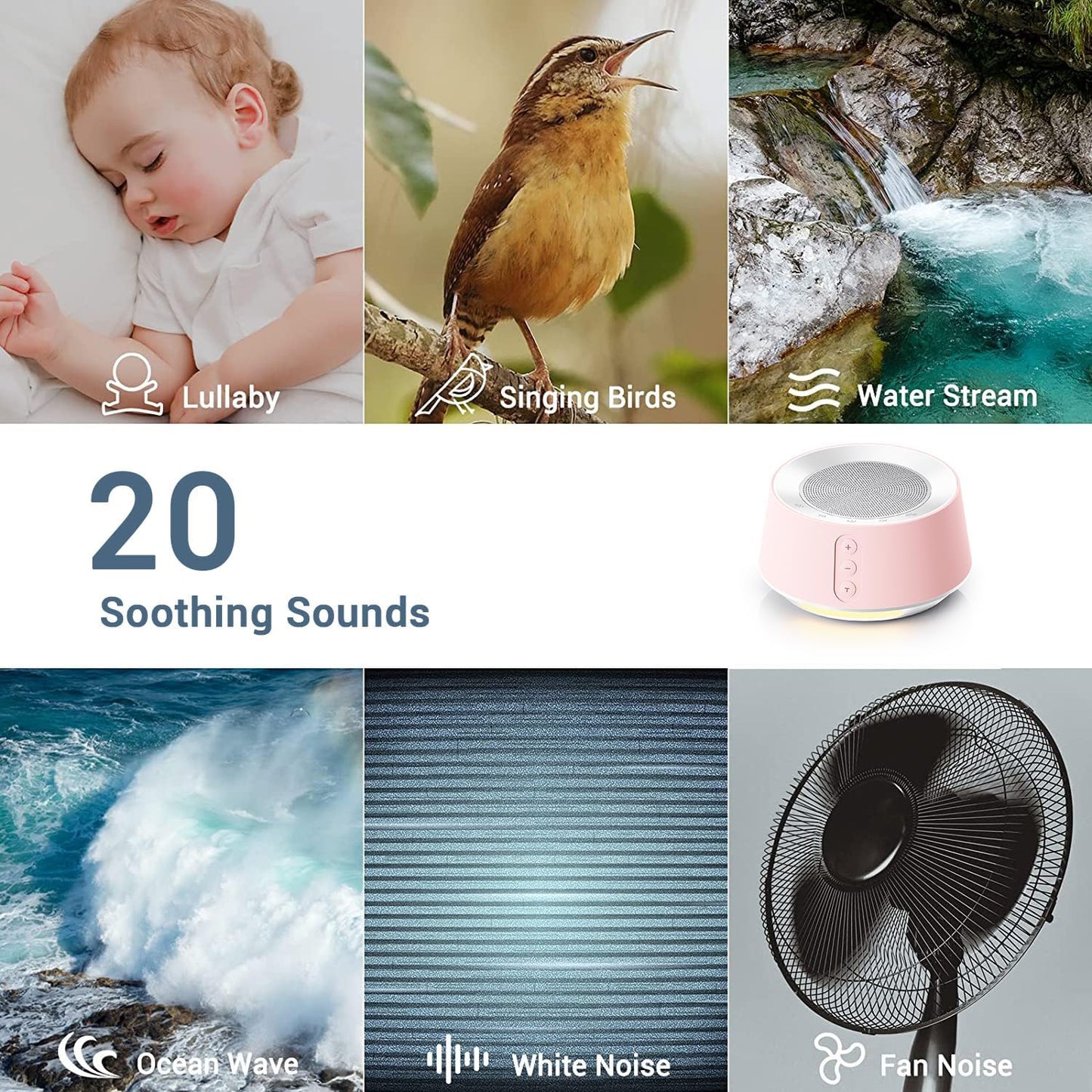 BGOVERSS White Noise Sound Machine with 20 Soothing Sounds, 10 Colors Night Light Sleep Machines Home Office Travel, 5 Timers and Memory Feature Sound Machine for Nursery Baby Kids Adults, Pink