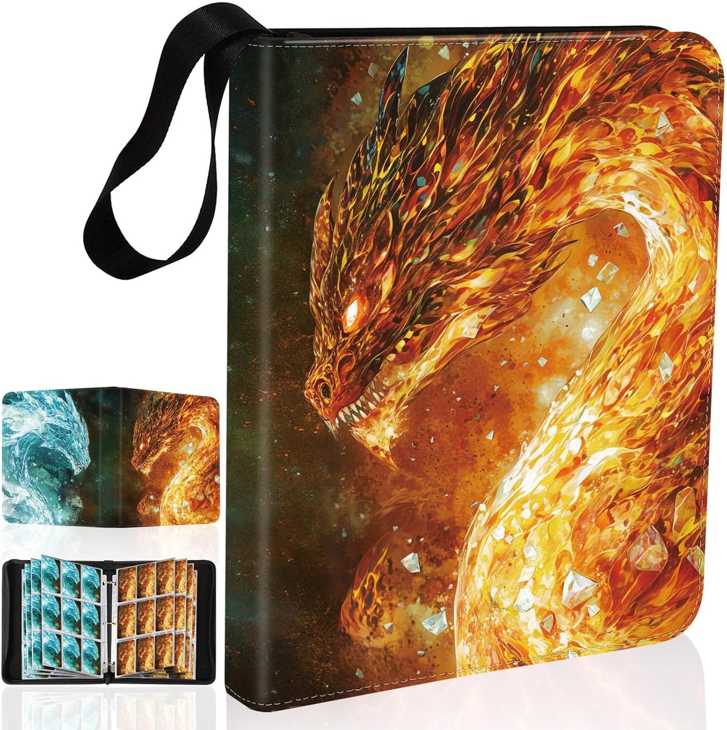 Dragon 9 Pocket Trading Card Binder Album, Holds 900 Cards with 50 Removable Double-Sided Sleeves, Waterproof PU Leather Zipper Binder for TCG, MTG, Sports Cards