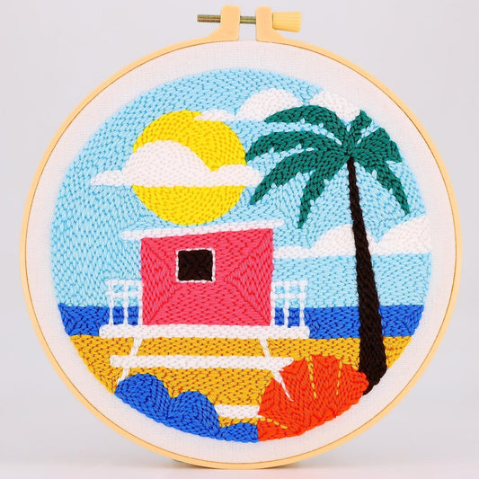 ILYUFO Punch Needle Kits Adults Beginner DIY Dreamy Beach Style 8 in Hoop Embroidery Set Starter Punch Needle Tool for Art Crafts, Ideal for All Ages, Perfect Festival Decoration & Gift (Tree House)