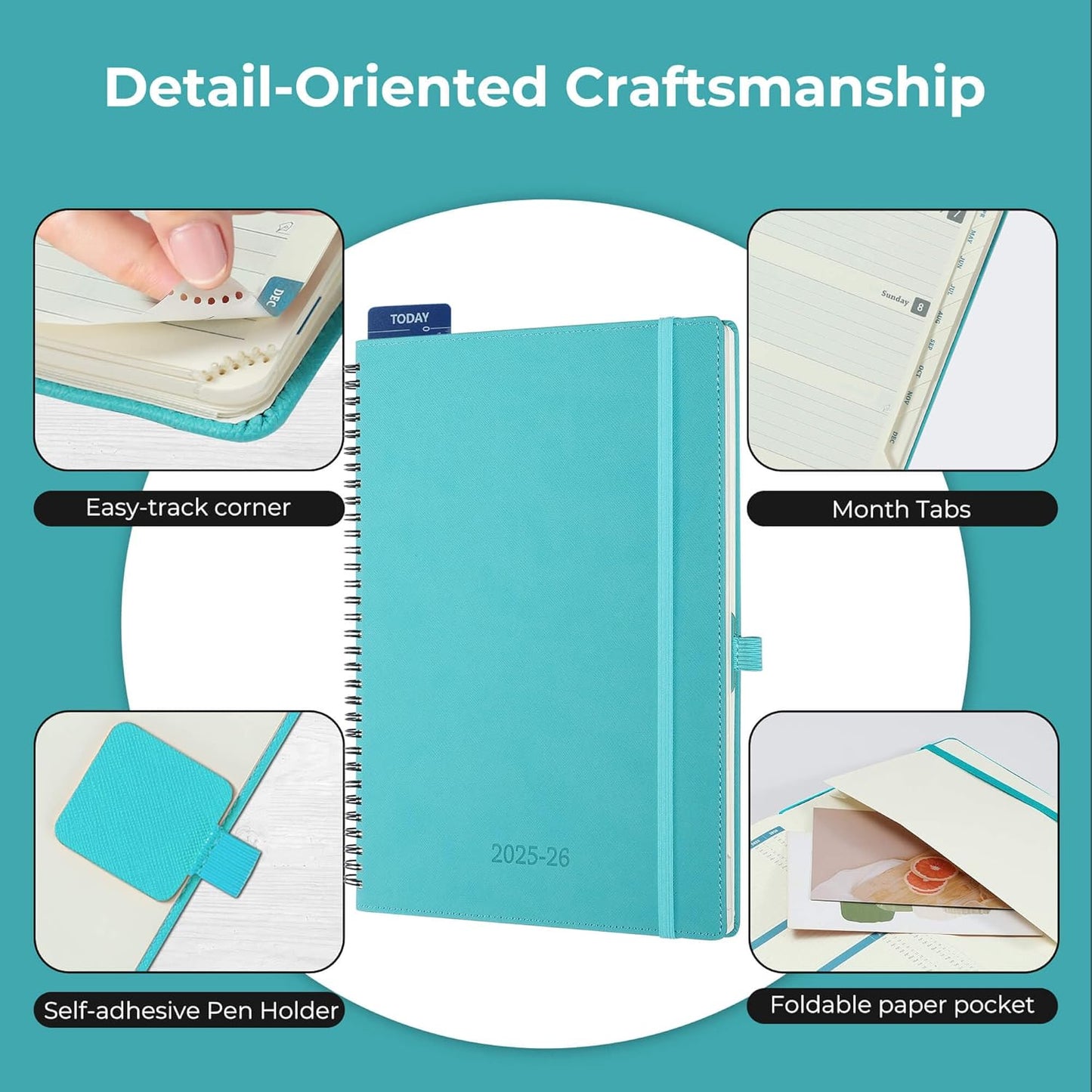 Planner 2025-2026 Daily Weekly and Monthly,11.5"x8.5",18 Months Spiral Bound Calendar Agenda with Self-adhesive Pen Holder,2026 Academic Plan with Vegan Leather Soft Cover,Light Blue