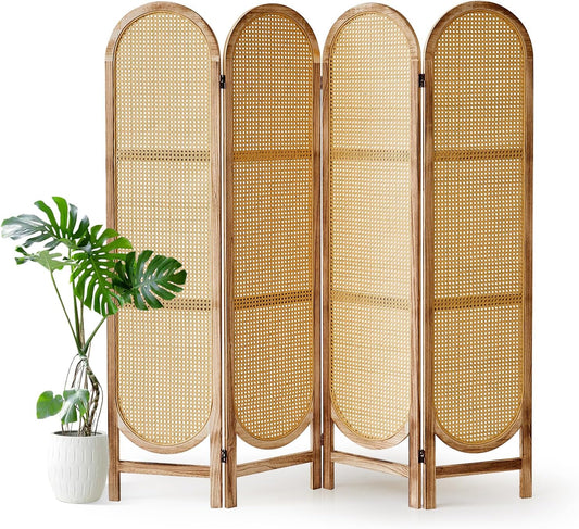 4 Panel Room Divider, 5.6 Ft Foldable Wood Room Divider Screen, Hand-Woven Rattan Folding Privacy Screens with Double Hinges, Wall Divider for Room Separation Bedroom Home Office - Natural