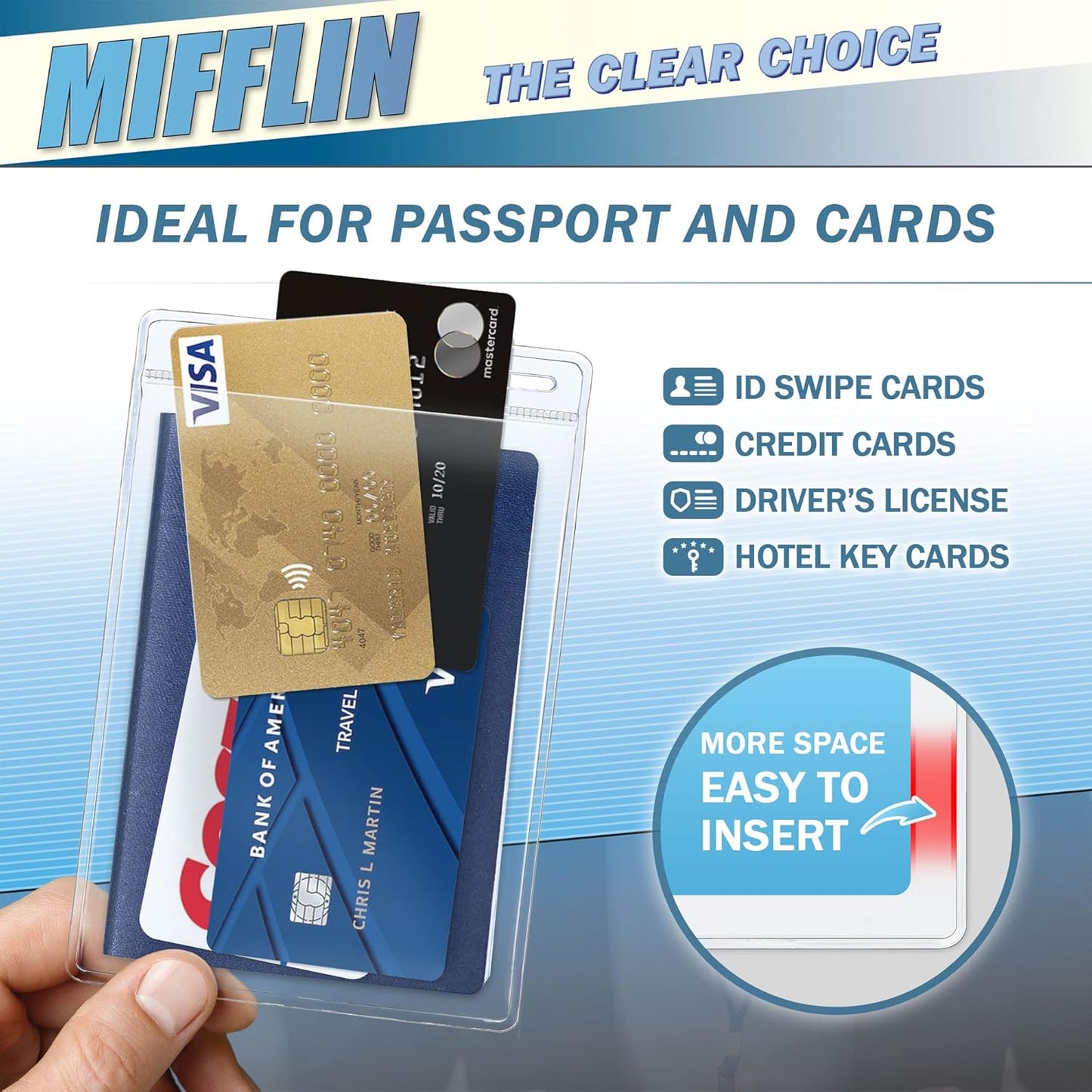 Mifflin-USA Passport & Card Holders (Clear, 4x6 Inches, 50 Pack), Extra Large ID Name Badge Holder, Zipperless Vertical Plastic Card Holders