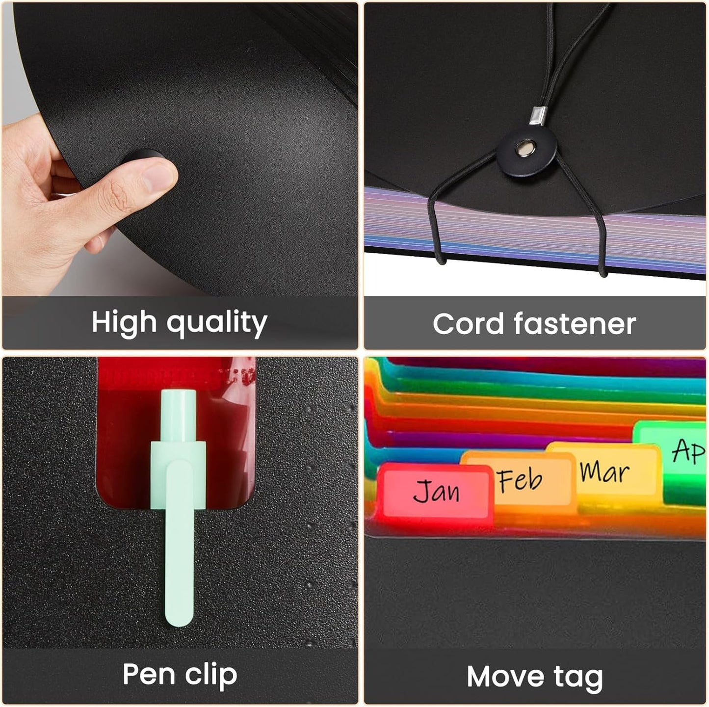 Sooez Accordion File Organizer, 13 Pockets Expanding File Folder, Portable Monthly Paper Bill Tax Receipt Organizer, Letter A4 Size Document Holder with Blank Labels, Black