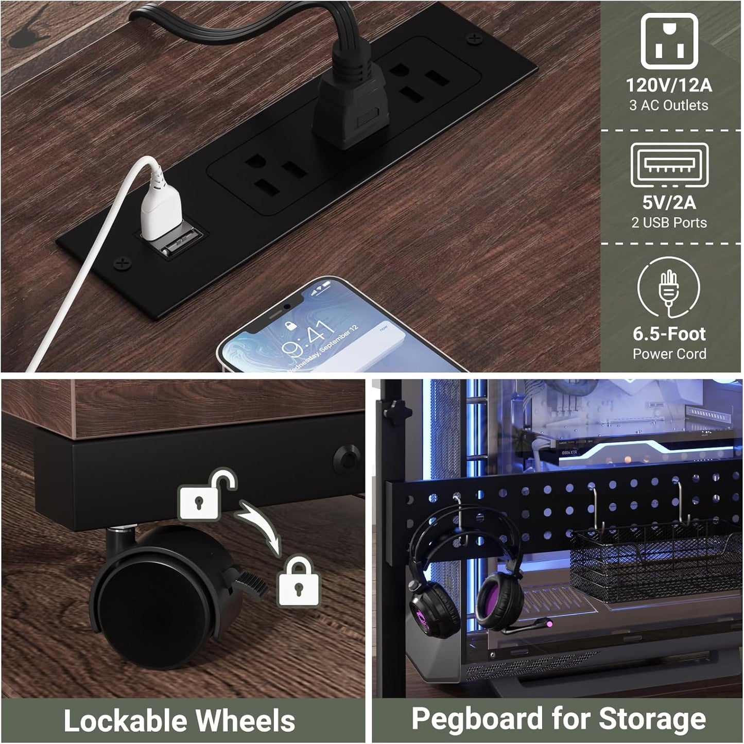Computer Tower Stand with Power Strips, 4 Levels Manual Height Adjustable PC Tower Stand for Under Desk, Mobile Rolling CPU Holder, Computer Cart with Wheels, 24", Black Walnut