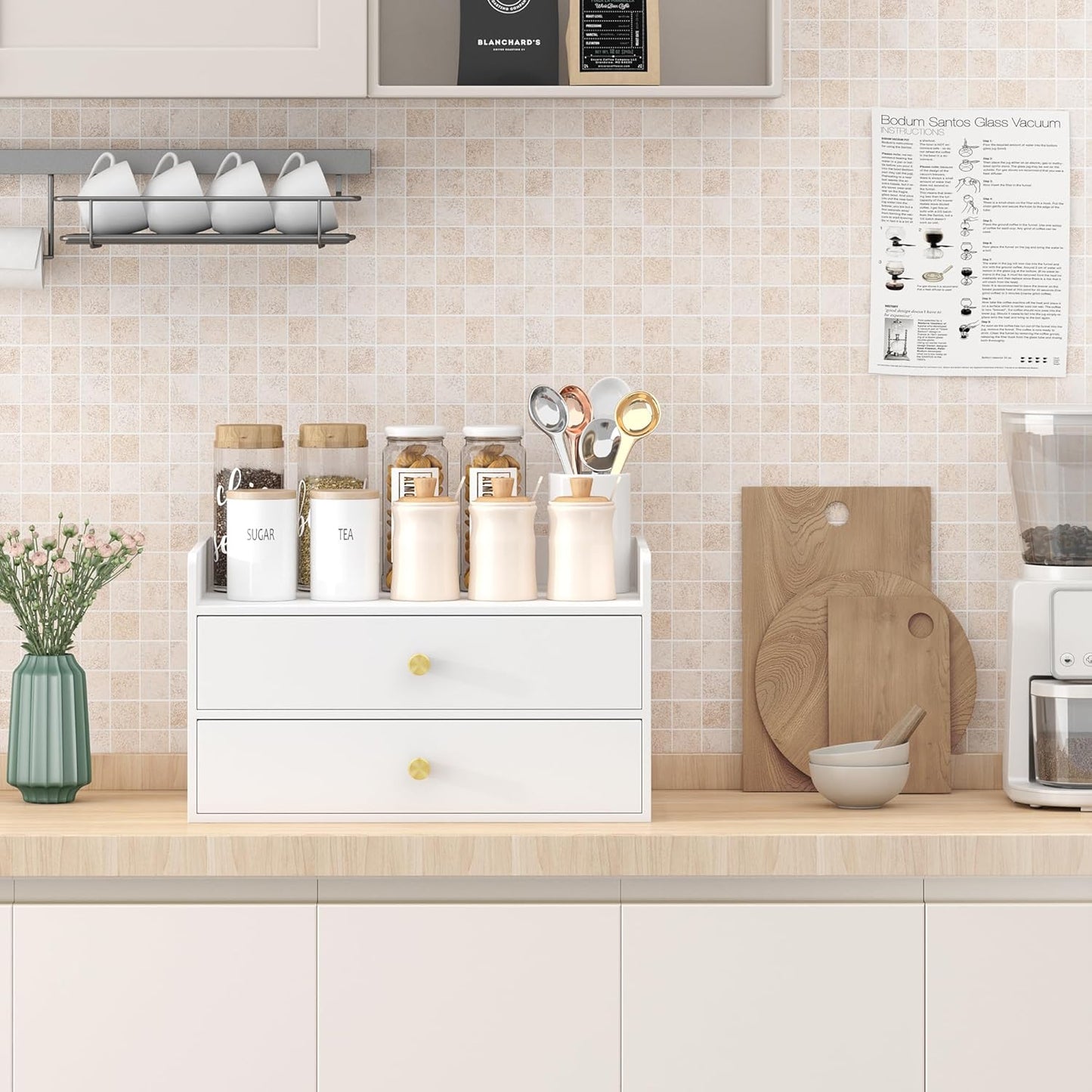 Bamboo Desk Organizer - Stackable, No Assembly Required, Ideal for Office/Home Use - Perfect for Toiletries, Stationery, Accessories. (White, Two level drawer box with sides)