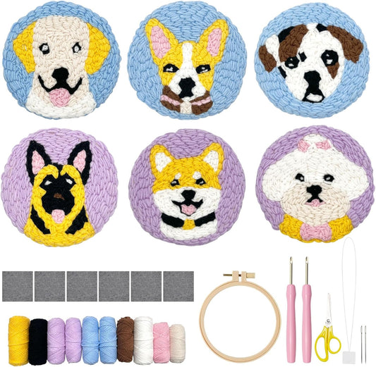 Punch Needle Kit for Adults Beginners, 6-Piece Cute Dog Punch Coaster Starter Kit – Easy Embroidery Stitch Craft Set with Instructions – Fun Needle Point Tufting for Table Decor & Festival Gifts