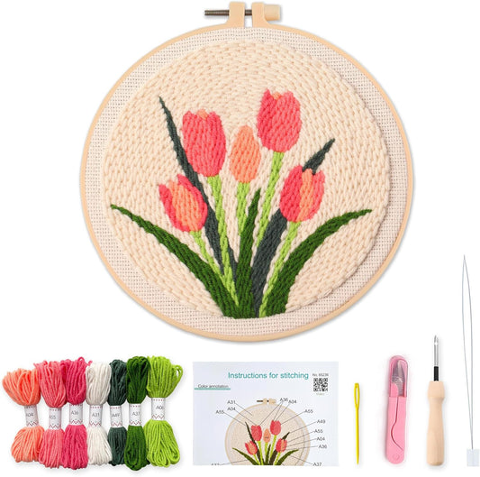 Myfelicity Punch Needle kit,Tulip Embroidery Kit - Punch Needle DIY Craft Set with Vintage Tulip Design, Perfect for Handmade Decor & Floral Stitching Projects