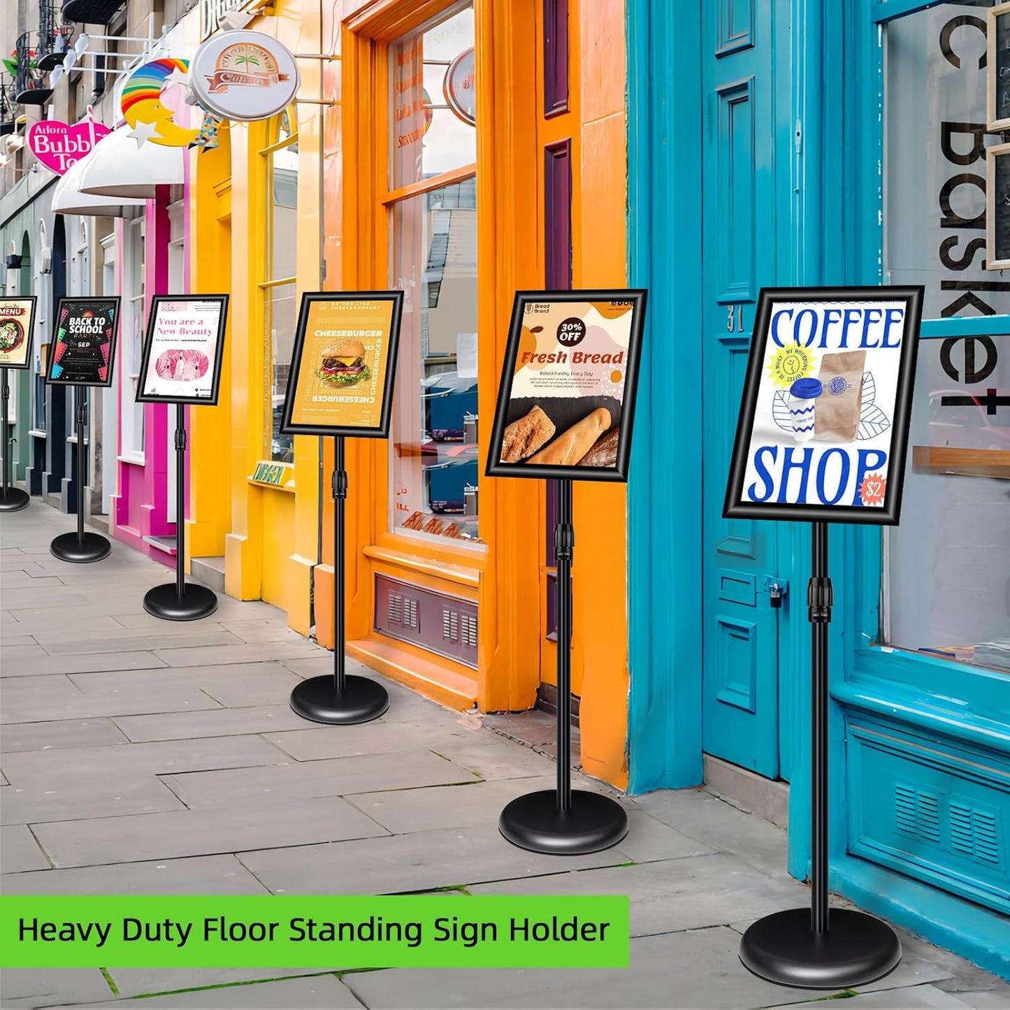 6Pack Adjustable Pedestal Sign Holder - 8.5''x11'', Floor Standing Poster Sign Stand, Aluminum Frame for Vertical/Horizontal View, Outdoor/Indoor Use, Black