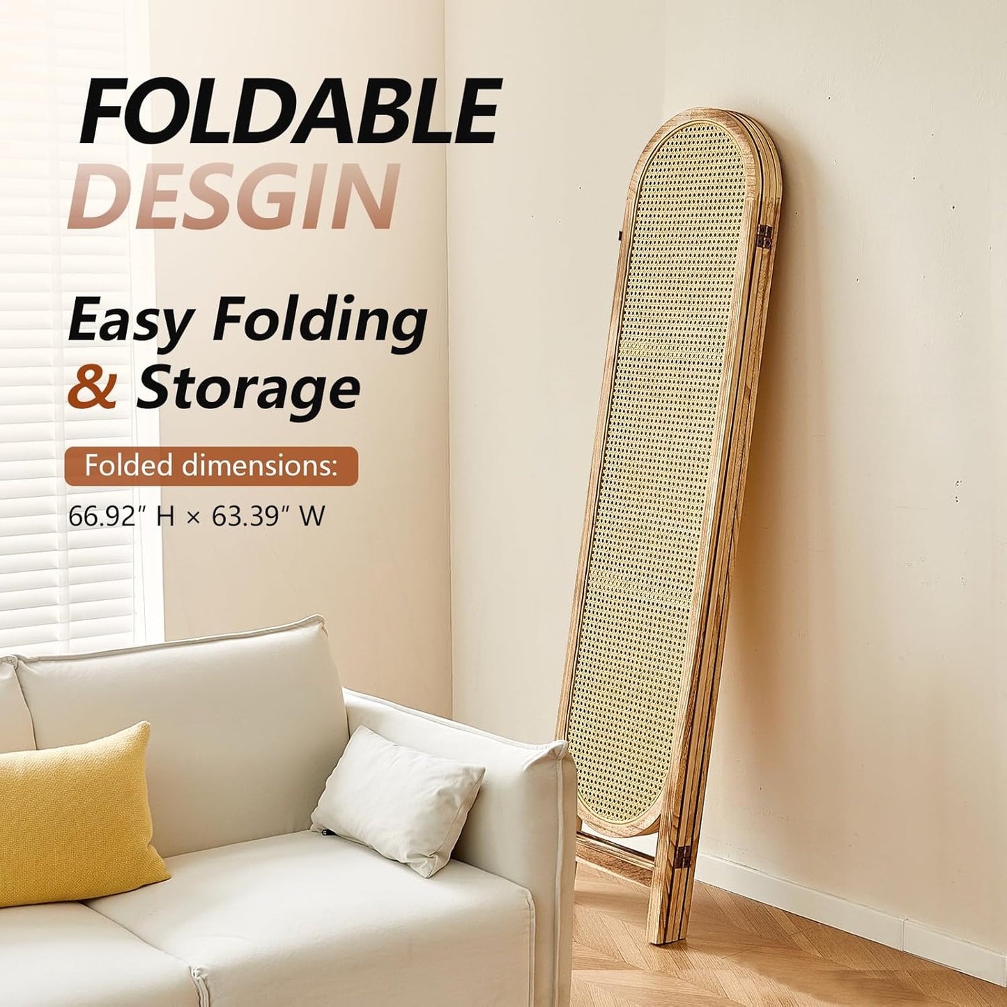 4 Panel Room Divider, 5.6 Ft Foldable Wood Room Divider Screen, Hand-Woven Rattan Folding Privacy Screens with Double Hinges, Wall Divider for Room Separation Bedroom Home Office - Natural