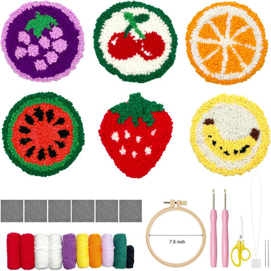 Punch Needle Kit for Adults Beginners, 6-Piece Cute Fruit Punch Coaster Starter Kit – Easy Embroidery Stitch Craft Set with Instructions – Fun Needle Point Tufting for Table Decor & Festival Gifts