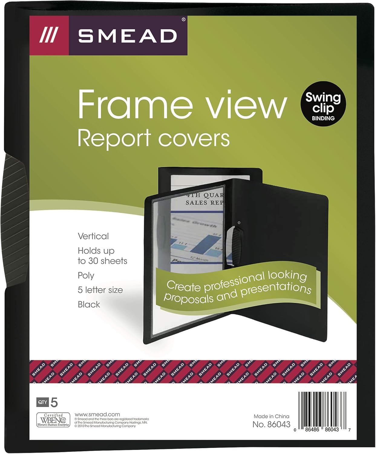 Smead Frame View Poly Report Cover with Swing Clip Side Fastener, 1/2" Capacity, Letter Size, Black/Clear Front, 5 per Pack (86043)