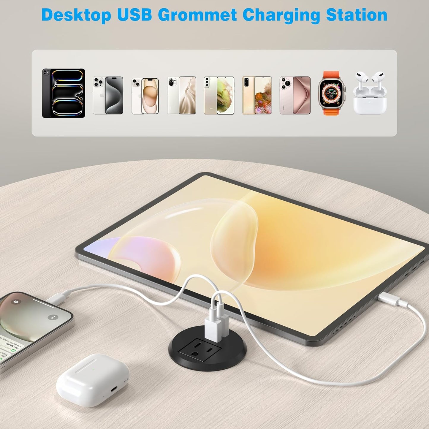 VILONG Desk Power Grommet with 2 USB, Fits 2 inch Grommet Hole, Recessed Power Strip Socket, Plug in 2 Outlet 6 ft Extension Cord (ETL Listed)
