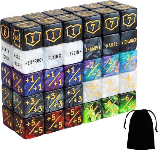 60 PCS MTG Dice Counters Bulk Ability Keywords Counter 1/+1 Shield Life Buff Tokens 6 Sided Dice Set for MTG, TCG, Cards Gaming Accessories