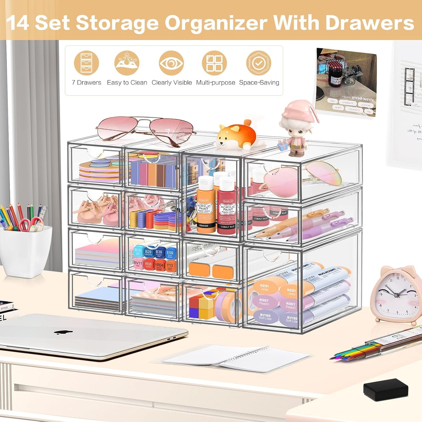 Desk Organizer with 14 Drawers, FODIENS 14 Packs Acrylic Stackable Desktop Storage Drawer Makeup Organizer, Clear Craft Storage Box Cabinets for Office Vanity Countertop Bathroom Bedroom