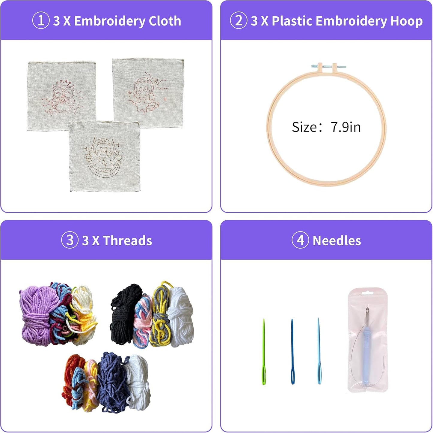 Orbflair 3 Sets Punch Needle Kits for Adults Beginners, Flowers Punch Embroidery Kits with Punch Needle Fabric, Hoops, Yarns and Sewing Needles