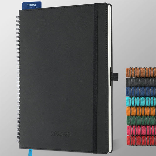 Planner 2025-2026 Daily Weekly and Monthly,11.5"x8.5",18 Months Spiral Bound Calendar Agenda with Self-adhesive Pen Holder,2026 Academic Plan with Vegan Leather Soft Cover,Black