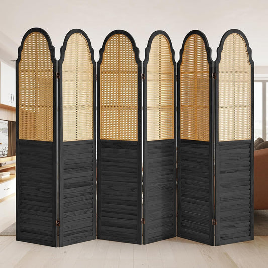 6 Panel Rattan Folding Screen Room Divider, Privacy Dividers for Rooms, Louvered Partition Dividers, Room Divider Panel for Bedroom, Dressing Room, Balcony, Black