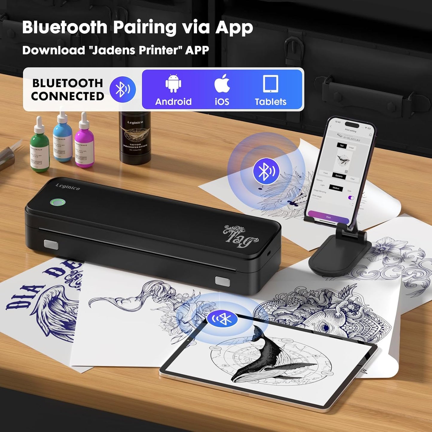 Tattoo Stencil Printer with 40pcs Transfer Paper, Bluetooth Thermal Tattoo Printer Machine for Beginners & Artists, Compatible with Android & iOS, PC