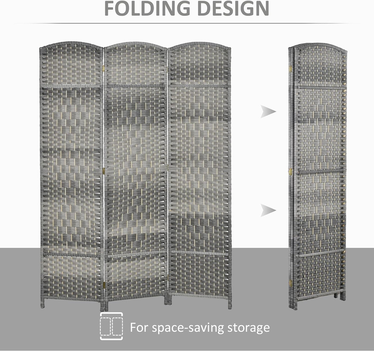 HOMCOM 3 Panel Room Divider, 6' Tall Folding Privacy Screen, Hand-Woven Freestanding Wall Partition for Home Office, Bedroom, Mixed Gray