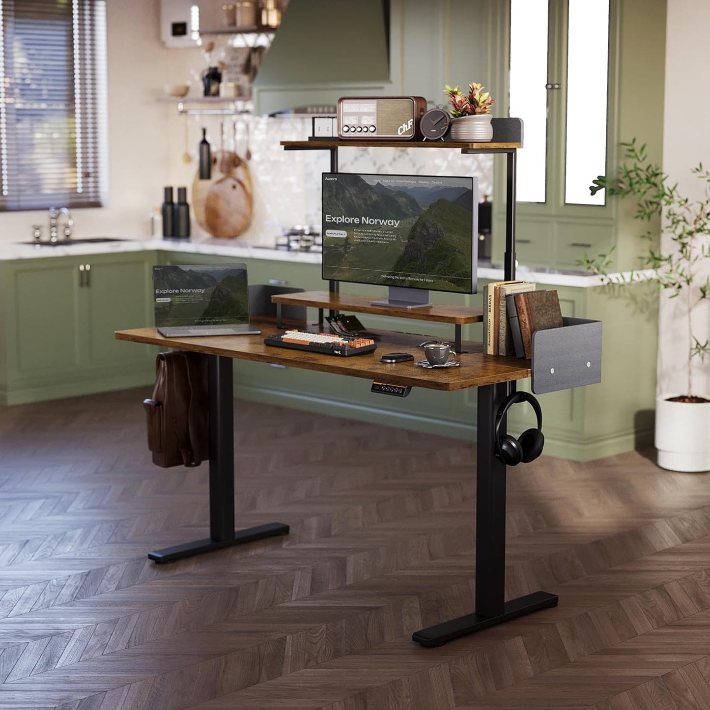 Claiks Electric Standing Desk with Removable Shelves, 55 x 24 Inches Height Adjustable Desk, Stand Up Monitor Stand Desk for Computer Workstation, Rustic Brown