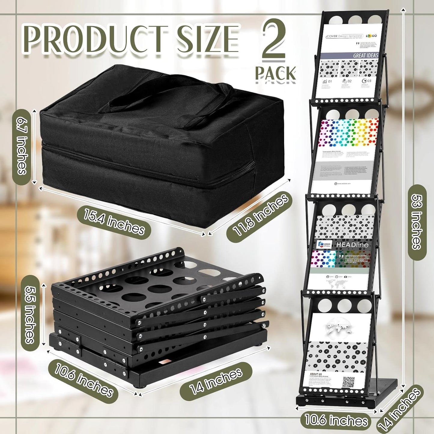 Tatuo 2 Pieces Foldable Magazine Rack Metal Catalog Literature Rack Portable 4 Pockets with Carrying Bag Brochure Stand Literature Display Holder Stand for Exhibition Trade Show
