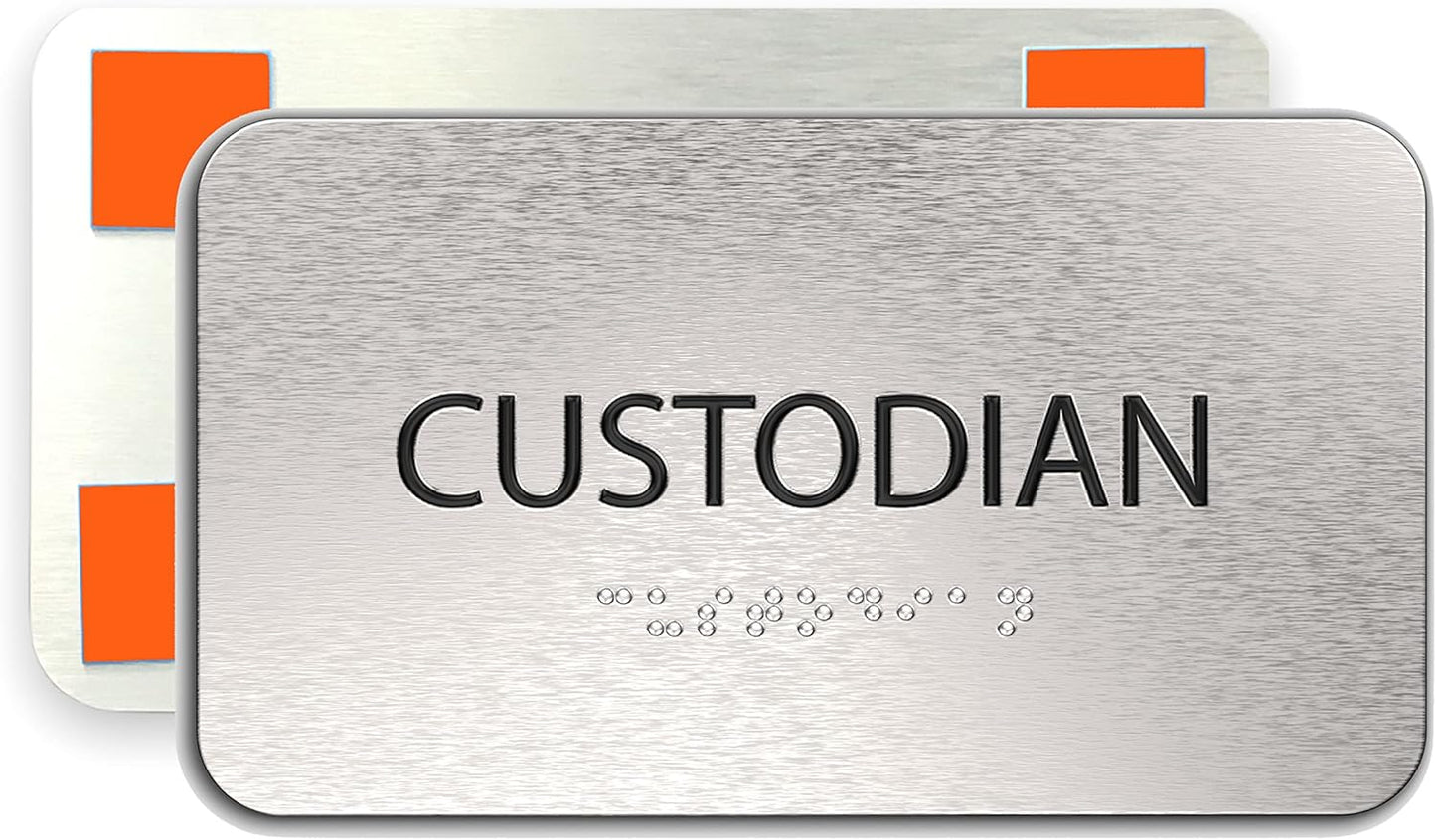 ADASigns Custodian Closet Sign 7" W x 4" H Durable Brushed Aluminum with Grade 2 Braille - Easy Installation with Adhesive Double Sided Tape - ADA Compliant Custodian Sign for Office & Businesses