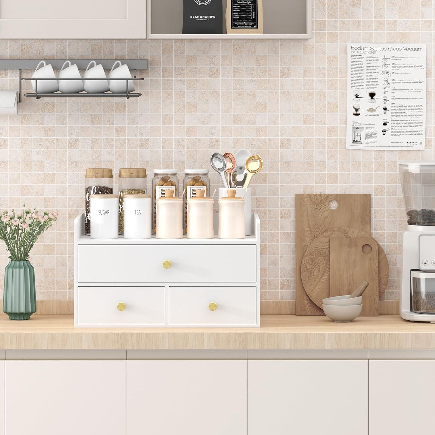 Bamboo Desk Organizer - Stackable, No Assembly Required, Ideal for Office/Home Use - Perfect for Toiletries, Stationery, Accessories. (White, Fence three Desk Organizer)