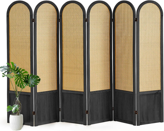 6 Panel Room Divider and Folding Privacy Screen, 5.6 Ft Foldable Double Hinged Rattan Partition, Hand-Woven Rattan Room Divider Portable Wood Freestanding Wall Divider for Room Separation - Black